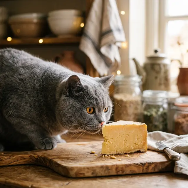 British Shorthair cat sniffing cheddar cheese
