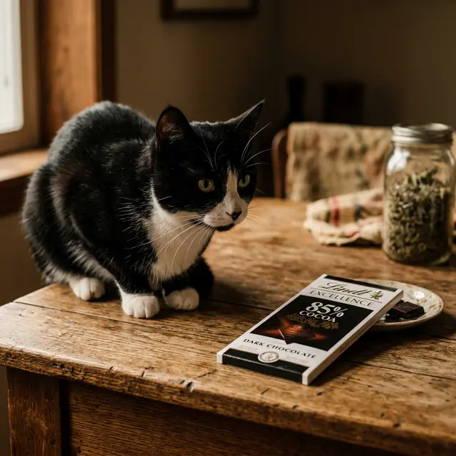 Tuxedo cat sitting next to dark chocolate bar