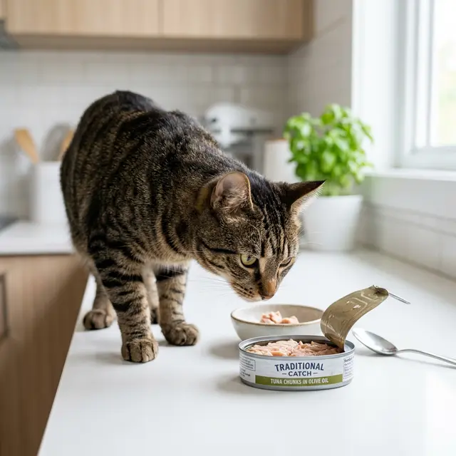 Tabby cat sniffing an open tin of tuna