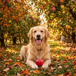 Golden Retriever in orchard with red apple