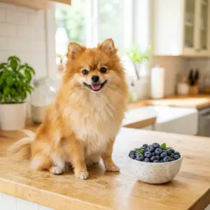 Pomeranian next to bowl of fresh blueberries