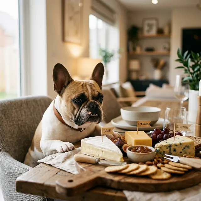 French Bulldog with cheese board