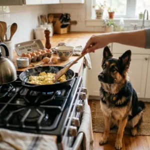 German Shepherd watching scrambled eggs cooking