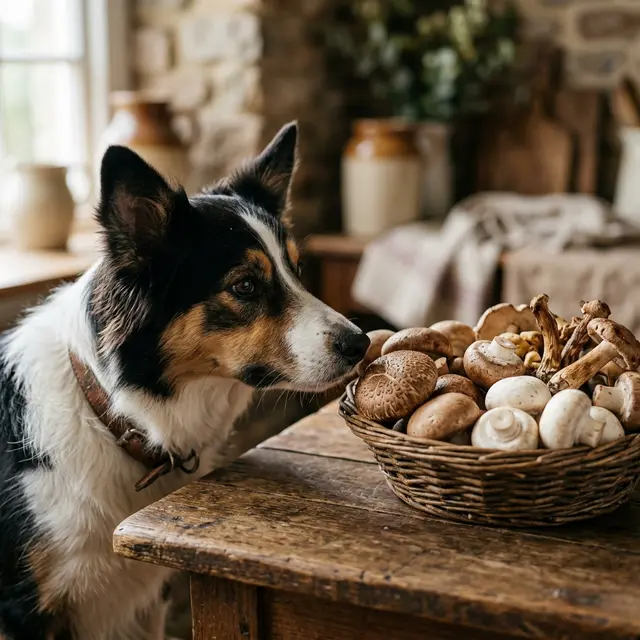 Border Collie looking at basket of mushrooms