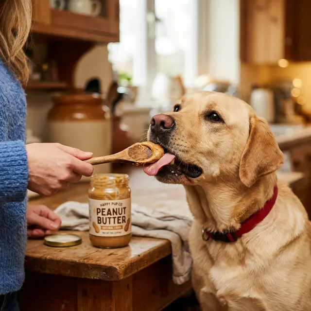 Labrador licking peanut butter from a spoon