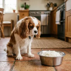 Cavalier King Charles Spaniel with bowl of rice
