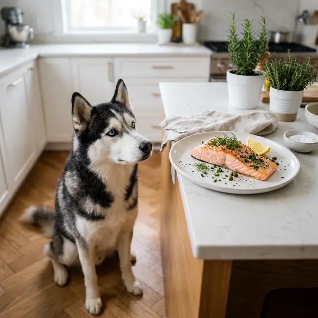 Husky watching cooked salmon fillet on a plate