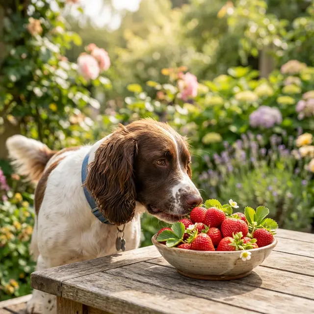 Springer Spaniel sniffing bowl of strawberries