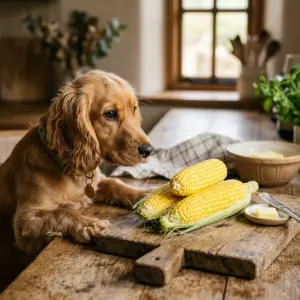 Cocker Spaniel looking at sweetcorn cobs