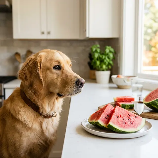 Golden Retriever looking at sliced watermelon