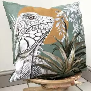 Sage Green Cushion With Reptile Illustration
